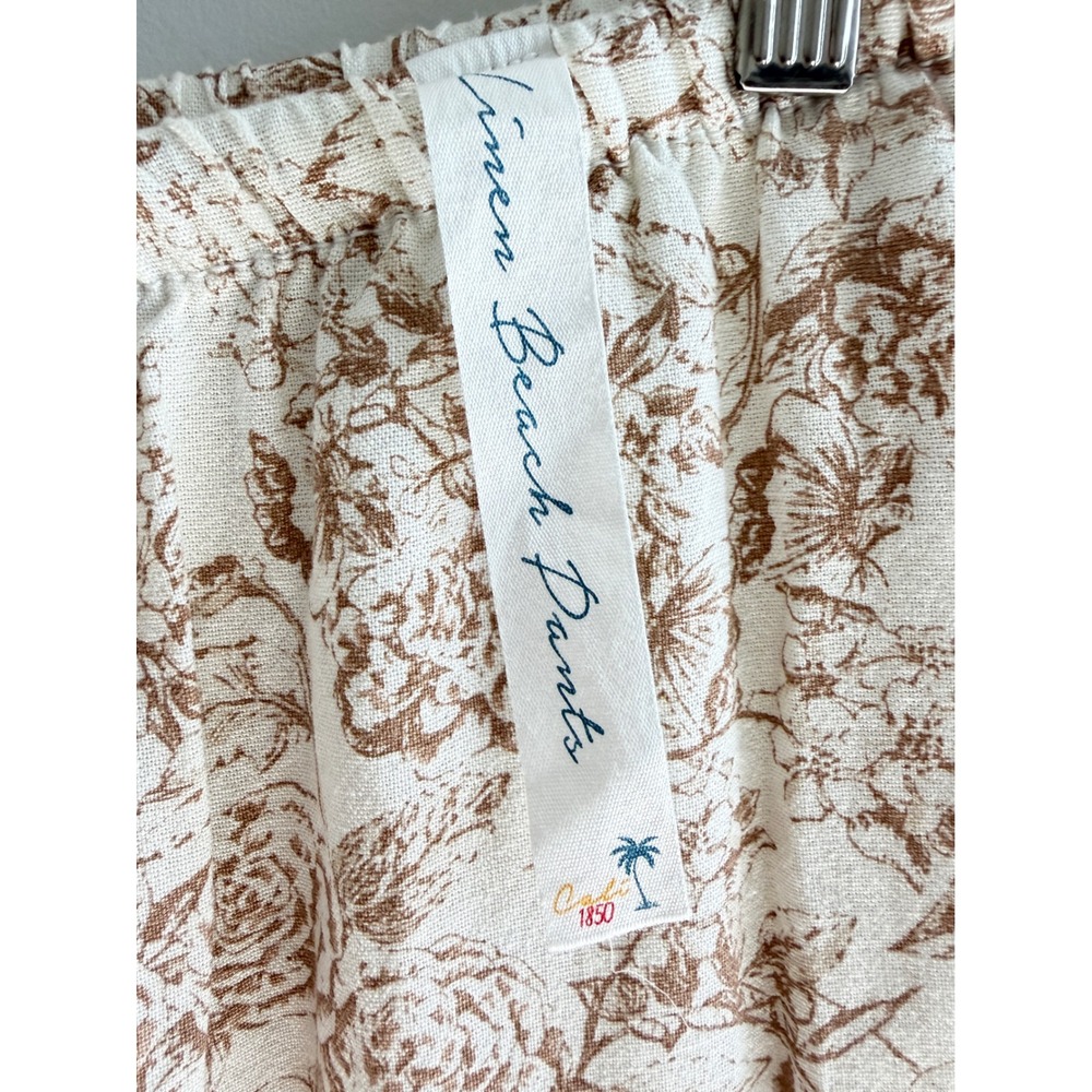 Women’s Wide-Leg Drawstring Floral Lounge Pants - White & Light Brown - Picture 4 of 14
